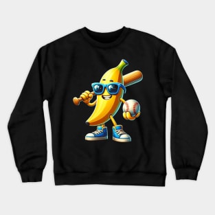 Cool Cartoon Banana Playing Baseball Kids Sports Fruit Crewneck Sweatshirt